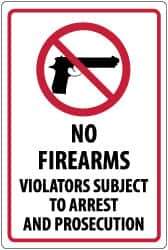 NMC - "No Firearms Violators Subject to Arrest and Prosecution", 18" Long x 12" Wide, Aluminum Safety Sign - Rectangle, 0.04" Thick, Use for Security & Admittance - USA Tool & Supply