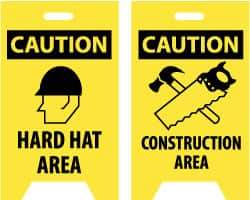 NMC - Caution - Hard Hat Area, Caution - Construction Area, 12" Wide x 20" High, Plastic Floor Sign - A-Frame, Black on Yellow, For Accident Prevention - USA Tool & Supply