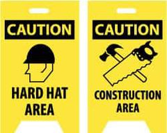 NMC - Caution - Hard Hat Area, Caution - Construction Area, 12" Wide x 20" High, Plastic Floor Sign - A-Frame, Black on Yellow, For Accident Prevention - USA Tool & Supply