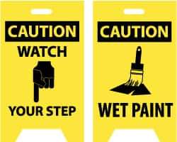NMC - Caution - Watch Your Step, Caution - Wet Paint, 12" Wide x 20" High, Plastic Floor Sign - A-Frame, Black on Yellow, For Accident Prevention - USA Tool & Supply