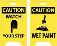 NMC - Caution - Watch Your Step, Caution - Wet Paint, 12" Wide x 20" High, Plastic Floor Sign - A-Frame, Black on Yellow, For Accident Prevention - USA Tool & Supply