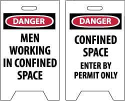 NMC - Danger - Men Working in Confined Area, Danger - Confined Space - Enter by Permit Only, 12" Wide x 19" High, Plastic Floor Sign - A-Frame, Red & Black on White, For Accident Prevention - USA Tool & Supply