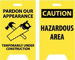NMC - Pardon Our Appearance - Temporarily Under Construction, 12" Wide x 19" High, Plastic Floor Sign - A-Frame, Black on Yellow, For Accident Prevention - USA Tool & Supply