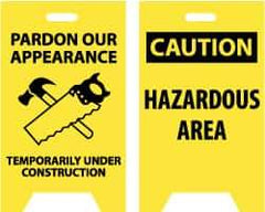 NMC - Pardon Our Appearance - Temporarily Under Construction, 12" Wide x 19" High, Plastic Floor Sign - A-Frame, Black on Yellow, For Accident Prevention - USA Tool & Supply