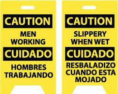 NMC - Caution - Men Working, Caution - Slippery When Wet, 12" Wide x 20" High, Plastic Floor Sign - English/Spanish, A-Frame, Black on Yellow, For Accident Prevention - USA Tool & Supply