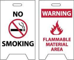 NMC - No Smoking, Warning - Flammable Material Area, 12" Wide x 20" High, Plastic Floor Sign - A-Frame, Red & Black on White, For Hazardous Materials - USA Tool & Supply