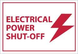 NMC - Accident Prevention Label - Legend: Electrical Power Shut-off, English, Red on White, 5" Long x 3" High, Sign Muscle Finish - USA Tool & Supply