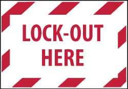 NMC - Accident Prevention Label - Legend: Lock-Out Here, English, Red on White, 5" Long x 3" High, Sign Muscle Finish - USA Tool & Supply