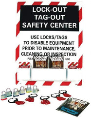 NMC - Equipped Polystyrene Tag and Padlock / Hasp Station - 24 Inch Wide x 30 Inch High, Red, White and White on Black - USA Tool & Supply