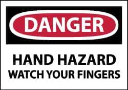 NMC - Hazardous Materials Label, Header: DANGER - Legend: Danger - Hand Hazard - Watch Your Fingers, English, Red, Black & White, 5" Long x 3" High, Sign Muscle Finish - USA Tool & Supply