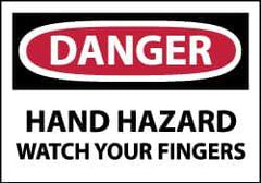 NMC - Hazardous Materials Label, Header: DANGER - Legend: Danger - Hand Hazard - Watch Your Fingers, English, Red, Black & White, 5" Long x 3" High, Sign Muscle Finish - USA Tool & Supply