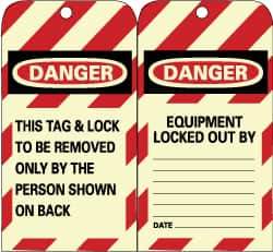 NMC - 3" High x 6" Long, DANGER - THIS TAG & LOCK TO BE REMOVED ONLY BY THE PERSON SHOWN ON BACK, English Safety & Facility Lockout Tag - Tag Header: Danger, 2 Sides, Black, Red & White Unrippable Vinyl - USA Tool & Supply