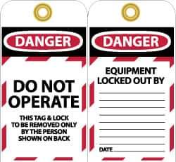 NMC - 3" High x 6" Long, DANGER - DO NOT OPERATE - THIS TAG & LOCK TO BE REMOVED ONLY BY THE PERSON SHOW ON BACK, English Safety & Facility Lockout Tag - Tag Header: Danger, 2 Sides, Black, Red & White Unrippable Vinyl - USA Tool & Supply