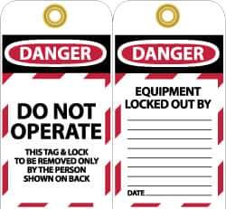 NMC - 3" High x 6" Long, DANGER - DO NOT OPERATE - THIS TAG & LOCK TO BE REMOVED ONLY BY THE PERSON SHOWN ON BACK, English Safety & Facility Lockout Tag - Tag Header: Danger, 2 Sides, Black, Red & White Unrippable Vinyl - USA Tool & Supply