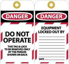 NMC - 3" High x 6" Long, DANGER - DO NOT OPERATE - THIS TAG & LOCK TO BE REMOVED ONLY BY THE PERSON SHOWN ON BACK, English Safety & Facility Lockout Tag - Tag Header: Danger, 2 Sides, Black, Red & White Unrippable Vinyl - USA Tool & Supply