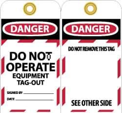 NMC - 3" High x 6" Long, DANGER - DO NOT OPERATE - EQUIPMENT TAG-OUT, English Safety & Facility Lockout Tag - Tag Header: Danger, 2 Sides, Black, Red & White Unrippable Vinyl - USA Tool & Supply