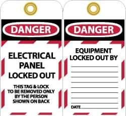 NMC - 3" High x 6" Long, DANGER - ELECTRICAL PANEL LOCKED OUT - THIS TAG & LOCK TO BE REMOVED ONLY BY THE PERSON SHOWN ON BACK, English Safety & Facility Lockout Tag - Tag Header: Danger, 2 Sides, Black, Red & White Unrippable Vinyl - USA Tool & Supply