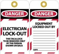 NMC - 3" High x 6" Long, DANGER - ELECTRICIAN LOCK-OUT - THIS TAG & LOCK TO BE REMOVED ONLY BY THE PERSON SHOWN ON BACK, English Safety & Facility Lockout Tag - Tag Header: Danger, 2 Sides, Black, Red & White Unrippable Vinyl - USA Tool & Supply