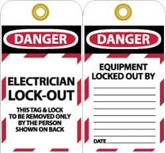 NMC - 3" High x 6" Long, DANGER - ELECTRICIAN LOCK-OUT - THIS TAG & LOCK TO BE REMOVED ONLY BY THE PERSON SHOWN ON BACK, English Safety & Facility Lockout Tag - Tag Header: Danger, 2 Sides, Black, Red & White Unrippable Vinyl - USA Tool & Supply