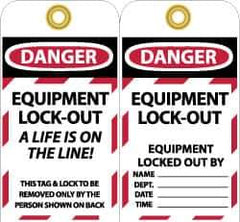 NMC - 3" High x 6" Long, DANGER - EQUIPMENT LOCK-OUT - A LIFE IS ON THE LINE! THIS TAG & LOCK TO BE REMOVED ONLY BY THE PERSON SHOWN ON BACK, English Safety & Facility Lockout Tag - Tag Header: Danger, 2 Sides, Black, Red & White Unrippable Vinyl - USA Tool & Supply