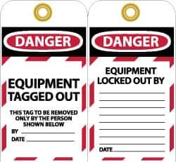 NMC - 3" High x 6" Long, DANGER - EQUIPMENT TAGGED OUT - THIS TAG TO BE REMOVED ONLY BY THE PERSON SHOWN BELOW, English Safety & Facility Lockout Tag - Tag Header: Danger, 2 Sides, Black, Red & White Unrippable Vinyl - USA Tool & Supply