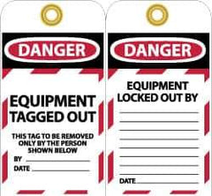 NMC - 3" High x 6" Long, DANGER - EQUIPMENT TAGGED OUT - THIS TAG TO BE REMOVED ONLY BY THE PERSON SHOWN BELOW, English Safety & Facility Lockout Tag - Tag Header: Danger, 2 Sides, Black, Red & White Unrippable Vinyl - USA Tool & Supply