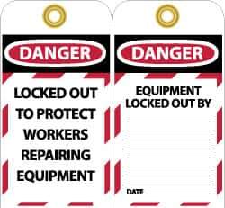 NMC - 3" High x 6" Long, DANGER - LOCKED OUT TO PROTECT WORKERS REPAIRING EQUIPMENT, English Safety & Facility Lockout Tag - Tag Header: Danger, 2 Sides, Black, Red & White Unrippable Vinyl - USA Tool & Supply