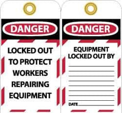 NMC - 3" High x 6" Long, DANGER - LOCKED OUT TO PROTECT WORKERS REPAIRING EQUIPMENT, English Safety & Facility Lockout Tag - Tag Header: Danger, 2 Sides, Black, Red & White Unrippable Vinyl - USA Tool & Supply