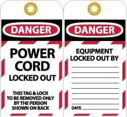 NMC - 3" High x 6" Long, DANGER - POWER CORD LOCKED OUT - THIS TAG & LOCK TO BE REMOVED ONLY BY THE PERSON SHOWN ON BACK, English Safety & Facility Lockout Tag - Tag Header: Danger, 2 Sides, Black, Red & White Unrippable Vinyl - USA Tool & Supply