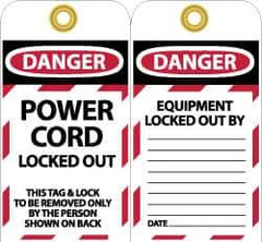 NMC - 3" High x 6" Long, DANGER - POWER CORD LOCKED OUT - THIS TAG & LOCK TO BE REMOVED ONLY BY THE PERSON SHOWN ON BACK, English Safety & Facility Lockout Tag - Tag Header: Danger, 2 Sides, Black, Red & White Unrippable Vinyl - USA Tool & Supply