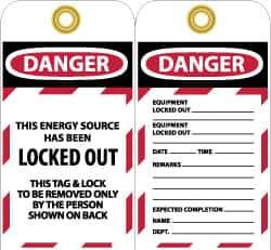 NMC - 3" High x 6" Long, DANGER - THIS ENERGY SOURCE HAS BEEN LOCKED OUT - THIS TAB & LOCK TO BE REMOVED ONLY BY THE PERSON SHOWN ON BACK, English Safety & Facility Lockout Tag - Tag Header: Danger, 2 Sides, Black, Red & White Unrippable Vinyl - USA Tool & Supply