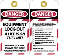 NMC - 3" High x 6" Long, DANGER - EQUIPMENT LOCK-OUT - A LIFE IS ON THE LINE! THIS TAG & LOCK TO BE REMOVED ONLY BY THE PERSON SHOWN ON BACK, English Safety & Facility Lockout Tag - Tag Header: Danger, 2 Sides, Black, Red & White Unrippable Vinyl - USA Tool & Supply