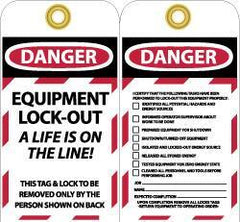 NMC - 3" High x 6" Long, DANGER - EQUIPMENT LOCK-OUT - A LIFE IS ON THE LINE! THIS TAG & LOCK TO BE REMOVED ONLY BY THE PERSON SHOWN ON BACK, English Safety & Facility Lockout Tag - Tag Header: Danger, 2 Sides, Black, Red & White Unrippable Vinyl - USA Tool & Supply