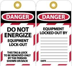 NMC - 3" High x 6" Long, DANGER - DO NOT ENERGIZE - EQUIPMENT LOCK-OUT - THIS TAG & LOCK TO BE REMOVED ONLY BY THE PERSON SHOWN ON BACK, English Safety & Facility Lockout Tag - Tag Header: Danger, 2 Sides, Black, Red & White Unrippable Vinyl - USA Tool & Supply