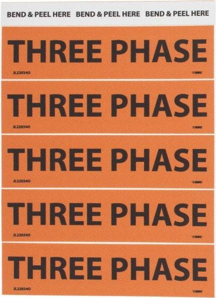 NMC - Electrical Markers Label - Legend: Three Phase, English, Black & Orange, 4-1/2" Long x 1-1/8" High, Sign Muscle Finish - USA Tool & Supply