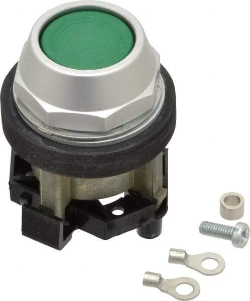 Eaton Cutler-Hammer - 30-1/2mm Mount Hole, Flush, Pushbutton Switch Only - Round, Green Pushbutton, Nonilluminated, Momentary (MO), Corrosion Resistant, Oiltight and Watertight - USA Tool & Supply