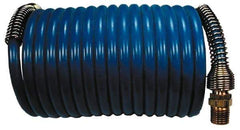 Coilhose Pneumatics - 1/4" ID, 1/4 Thread, 50' Long, Blue Nylon Coiled & Self Storing Hose - 220 Max psi, Male Swivel x Male Swivel - USA Tool & Supply