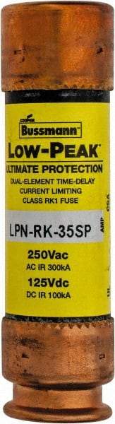Cooper Bussmann - 125 VDC, 250 VAC, 35 Amp, Time Delay General Purpose Fuse - Bolt-on Mount, 76.2mm OAL, 100 at DC, 300 at AC (RMS) kA Rating, 13/16" Diam - USA Tool & Supply
