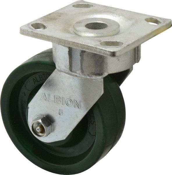 Albion - 5" Diam x 2" Wide x 6-1/2" OAH Top Plate Mount Swivel Caster - Polyurethane, 1,000 Lb Capacity, Roller Bearing, 4 x 4-1/2" Plate - USA Tool & Supply