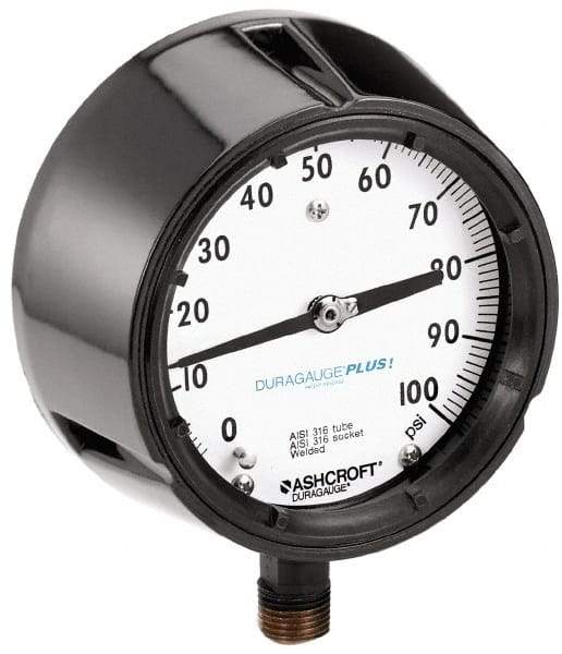 Ashcroft - 4-1/2" Dial, 1/4 Thread, 0-600 Scale Range, Pressure Gauge - Lower Connection, Rear Flange Connection Mount, Accurate to 0.5% of Scale - USA Tool & Supply