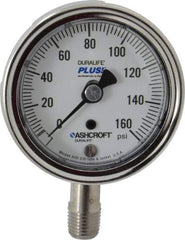 Ashcroft - 2-1/2" Dial, 1/4 Thread, 0-160 Scale Range, Pressure Gauge - Lower Connection Mount, Accurate to 1% of Scale - USA Tool & Supply