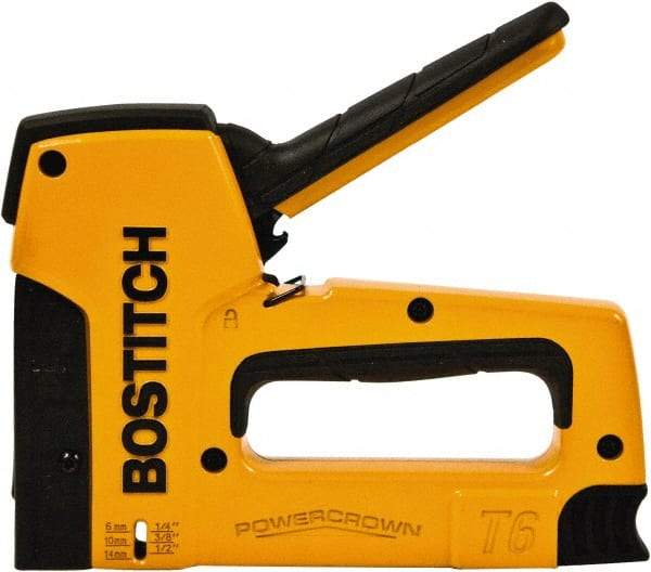 Stanley Bostitch - Manual Staple Gun - 1/4, 5/16, 3/8, 1/2, 9/16" Staples, 84 Lb Capacity, Yellow, Aluminum Die Cast - USA Tool & Supply