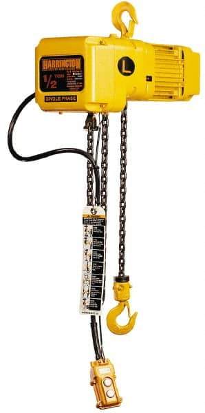 Harrington Hoist - 1/2 Ton Capacity, 15 FPM Lift Speed, Hook Mounted Hoist - 15' Max Lift, 14.6" Min Headroom, 1 Chain - USA Tool & Supply