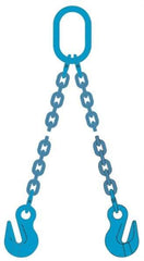 Pewag - 5' Long, 18,400 Lb Basket Capacity, 10,600 Lb Vertical Capacity, 2 Ply, Alloy Steel Web Sling - 10,600 Lb Choker Capacity, DOG Chain Sling, 3/8" Diam Chain, Blue, with 2 Grab Hooks & Master Link - USA Tool & Supply