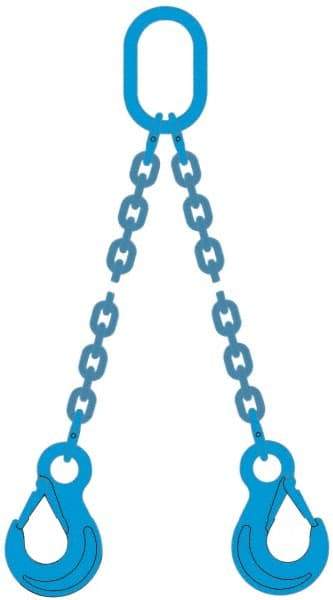 Pewag - 5' Long, 9,000 Lb Basket Capacity, 9,000 Lb Vertical Capacity, 2 Ply, Alloy Steel Web Sling - 4,500 Lb Choker Capacity, DOG Chain Sling, 9/32" Diam Chain, Blue, with 2 Grab Hooks & Master Link - USA Tool & Supply
