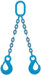 Pewag - 5' Long, 9,000 Lb Basket Capacity, 9,000 Lb Vertical Capacity, 2 Ply, Alloy Steel Web Sling - 4,500 Lb Choker Capacity, DOG Chain Sling, 9/32" Diam Chain, Blue, with 2 Grab Hooks & Master Link - USA Tool & Supply