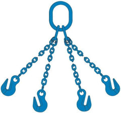 Pewag - 5' Long, 27,500 Lb Basket Capacity, 10,600 Lb Vertical Capacity, 4 Ply, Alloy Steel Web Sling - 10,600 Lb Choker Capacity, QOG Chain Sling, 3/8" Diam Chain, Blue, with 4 Grab Hooks & Master Link - USA Tool & Supply