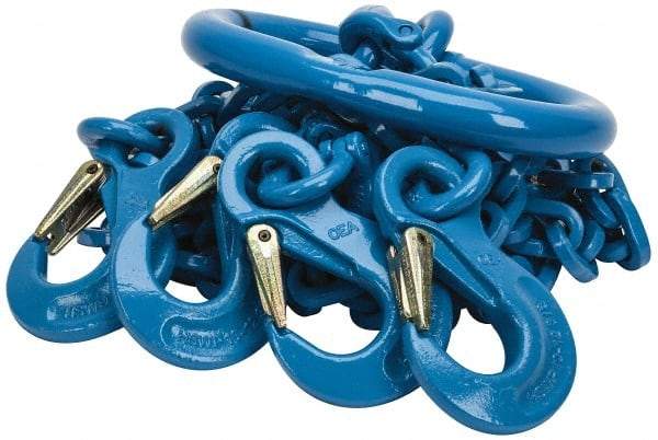 Pewag - 5' Long, 27,500 Lb Basket Capacity, 10,600 Lb Vertical Capacity, 4 Ply, Alloy Steel Web Sling - 10,600 Lb Choker Capacity, QOS Chain Sling, 3/8" Diam Chain, Blue, with 4 Sling Hooks & Master Link - USA Tool & Supply