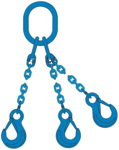 Pewag - 5' Long, 27,500 Lb Basket Capacity, 10,600 Lb Vertical Capacity, 3 Ply, Alloy Steel Web Sling - 10,600 Lb Choker Capacity, TOS Chain Sling, 3/8" Diam Chain, Blue, with 3 Sling Hooks & Master Link - USA Tool & Supply