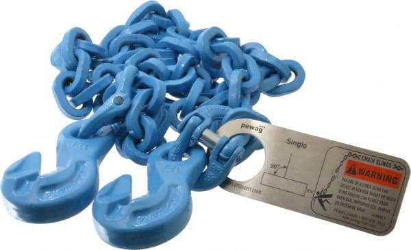 Pewag - 5' Long, 5,200 Lb Basket Capacity, 5,200 Lb Vertical Capacity, 1 Ply, Alloy Steel Web Sling - 4,500 Lb Choker Capacity, SGG Chain Sling, 9/32" Diam Chain, Blue, with 1 Grab Hook on Each End - USA Tool & Supply